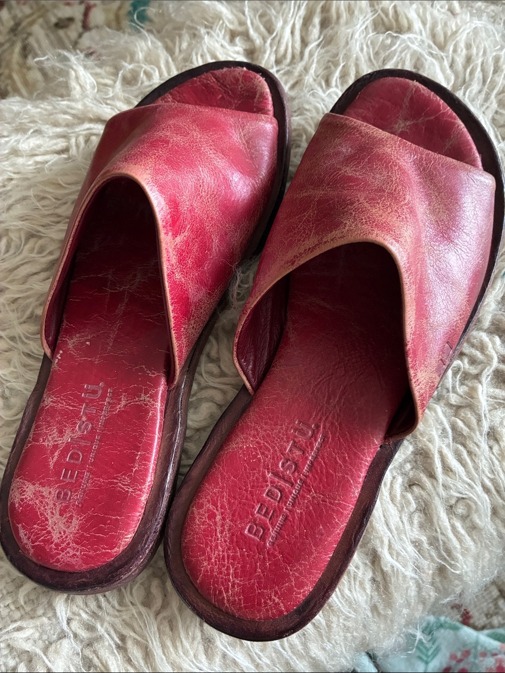 BED|STU Red Leather Open-Toe Slide Sandals